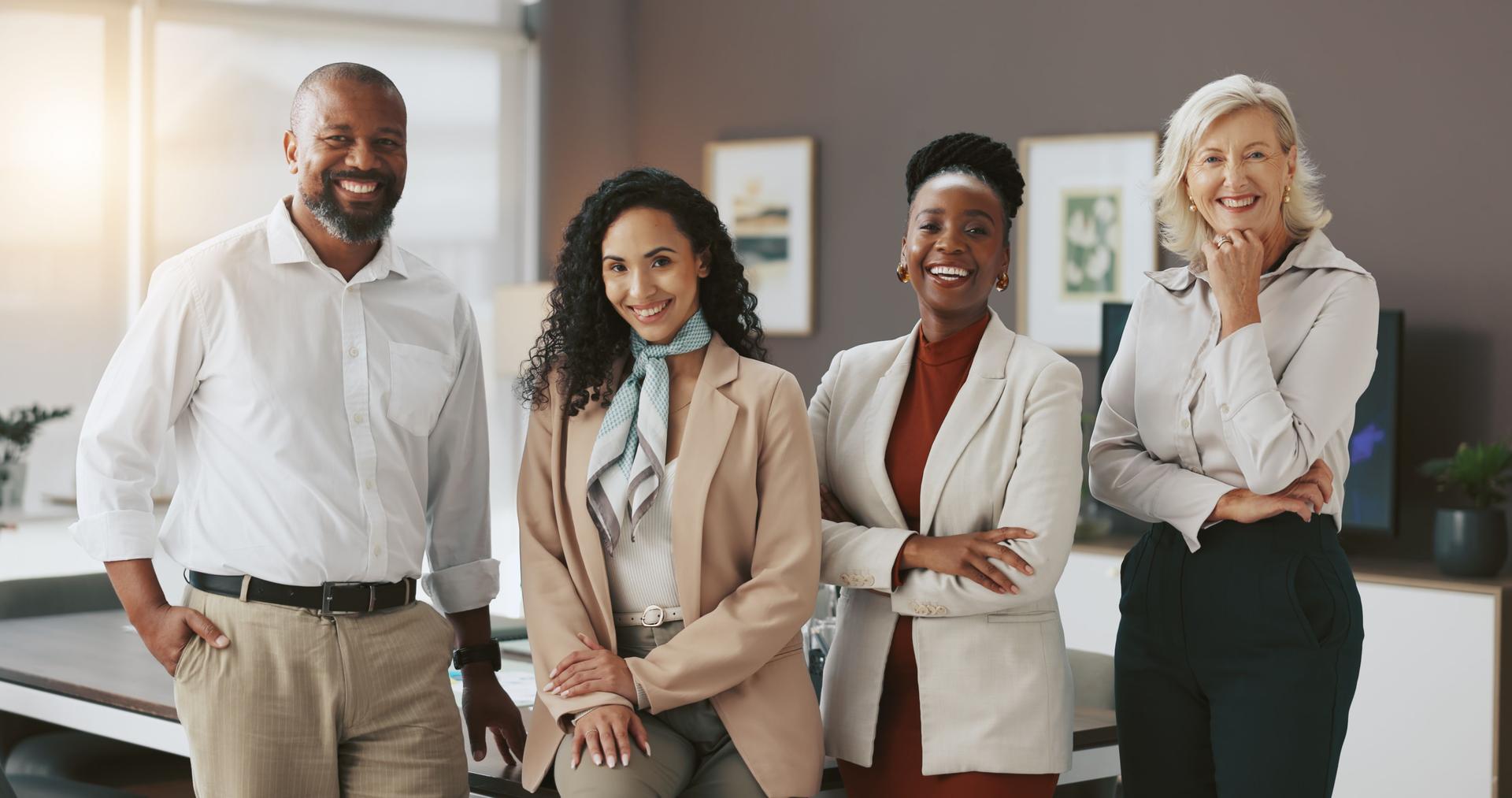 Happy, office and portrait of business people for teamwork, collaboration and about us for company. Interior designers, professional and men and women with confidence, pride and smile for startup