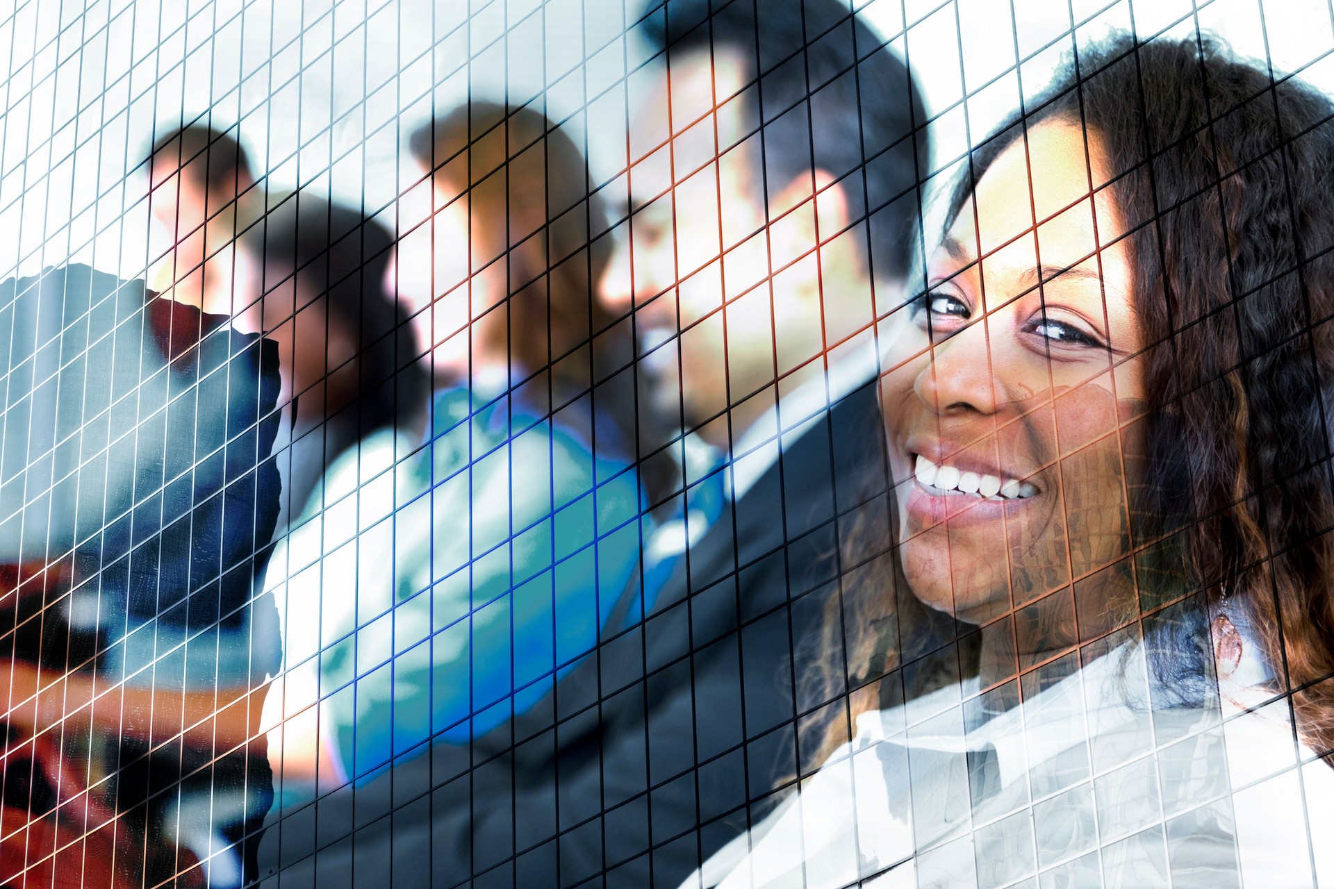 Multi-ethnic group of business people composite with office building.